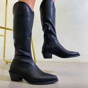 Black Faux Leather Cowboy-Style Knee High Boots | Size 36 | Pointed Toe